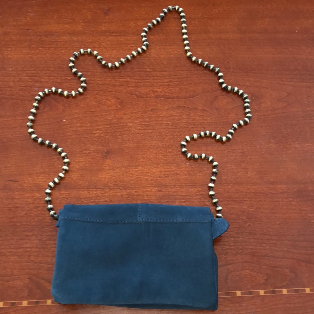 Free People navy suede crossbody with beaded gold-tone chain